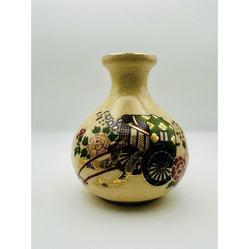 Satsuma Small Miniature Japanese Pottery Vase Rickshaw Floral Cart Made In Japan